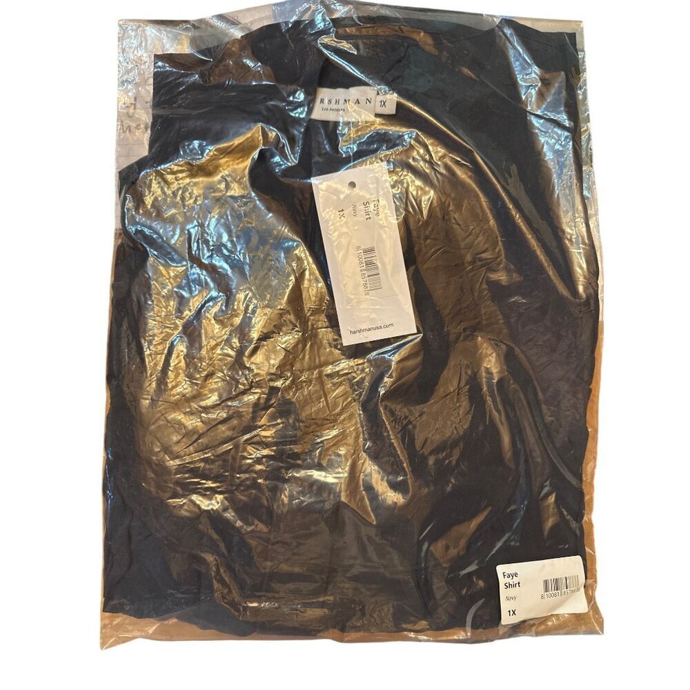 Harshman Faye Navy Shirt 1X Tencel Lyocell Balloon Sleeves Pleated Back Yoke - Picture 4 of 7